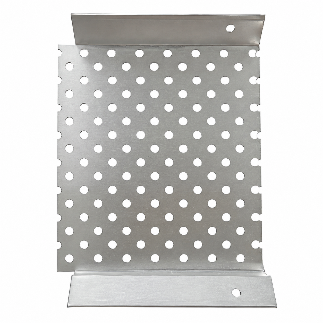 Perforated metal leaf guard panel with bent mounting flanges