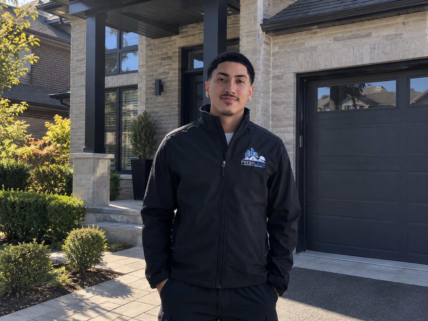 Shondell, owner of FreshLook Property Services, in front of a residential home