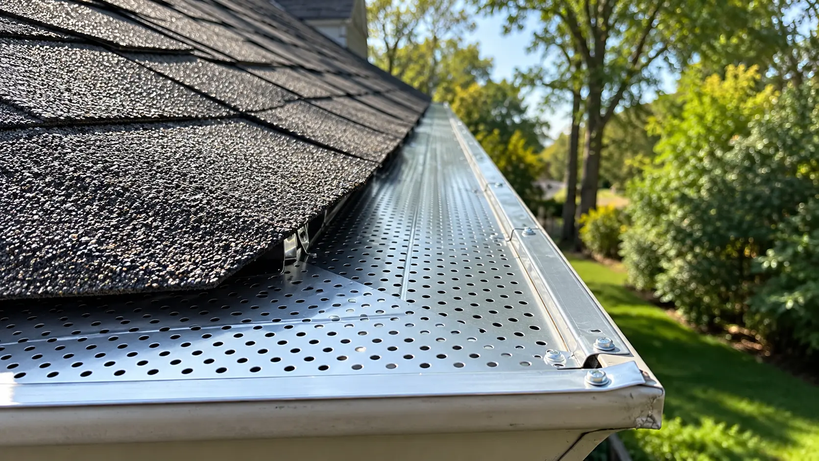 Aluminum leaf guard screwed to the top of a gutter along a shingled roof