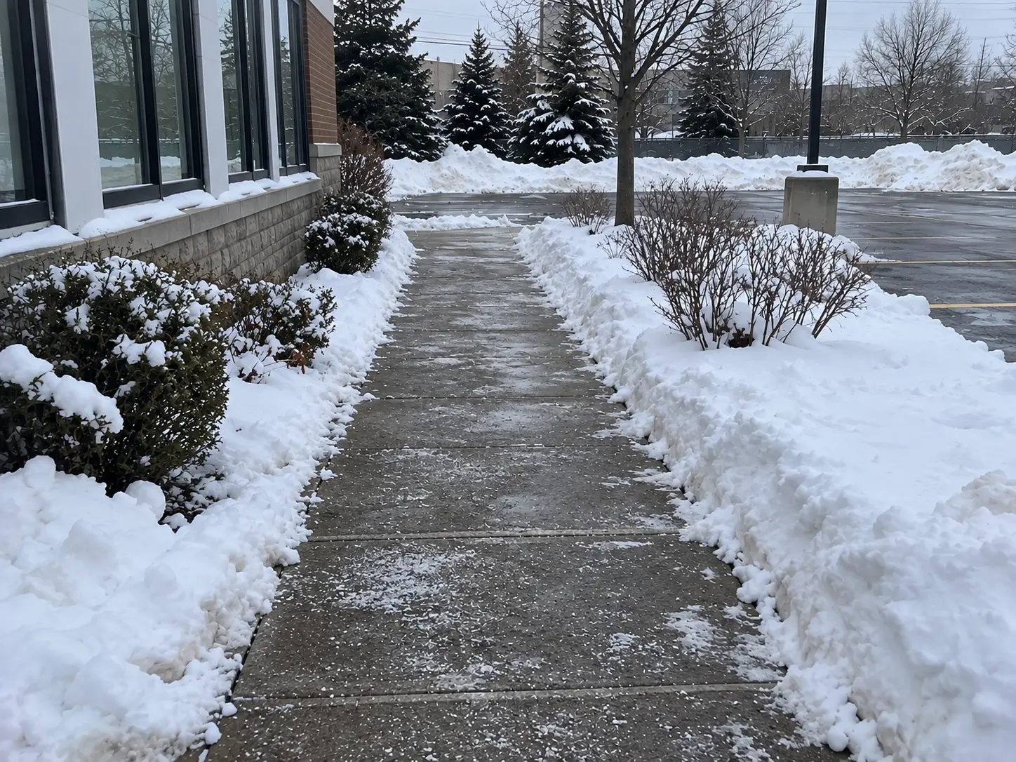 Cleared concrete walkway beside a commercial building with salt granules on the wet pavement and snowbanks piled along both edges