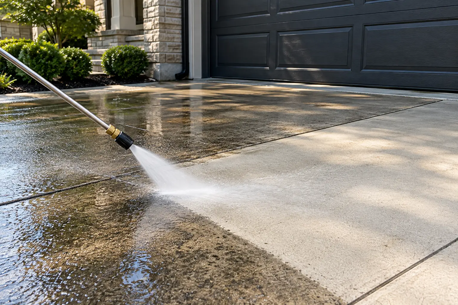 Pressure washing concrete steps, with washed sections clearly lighter than the rest