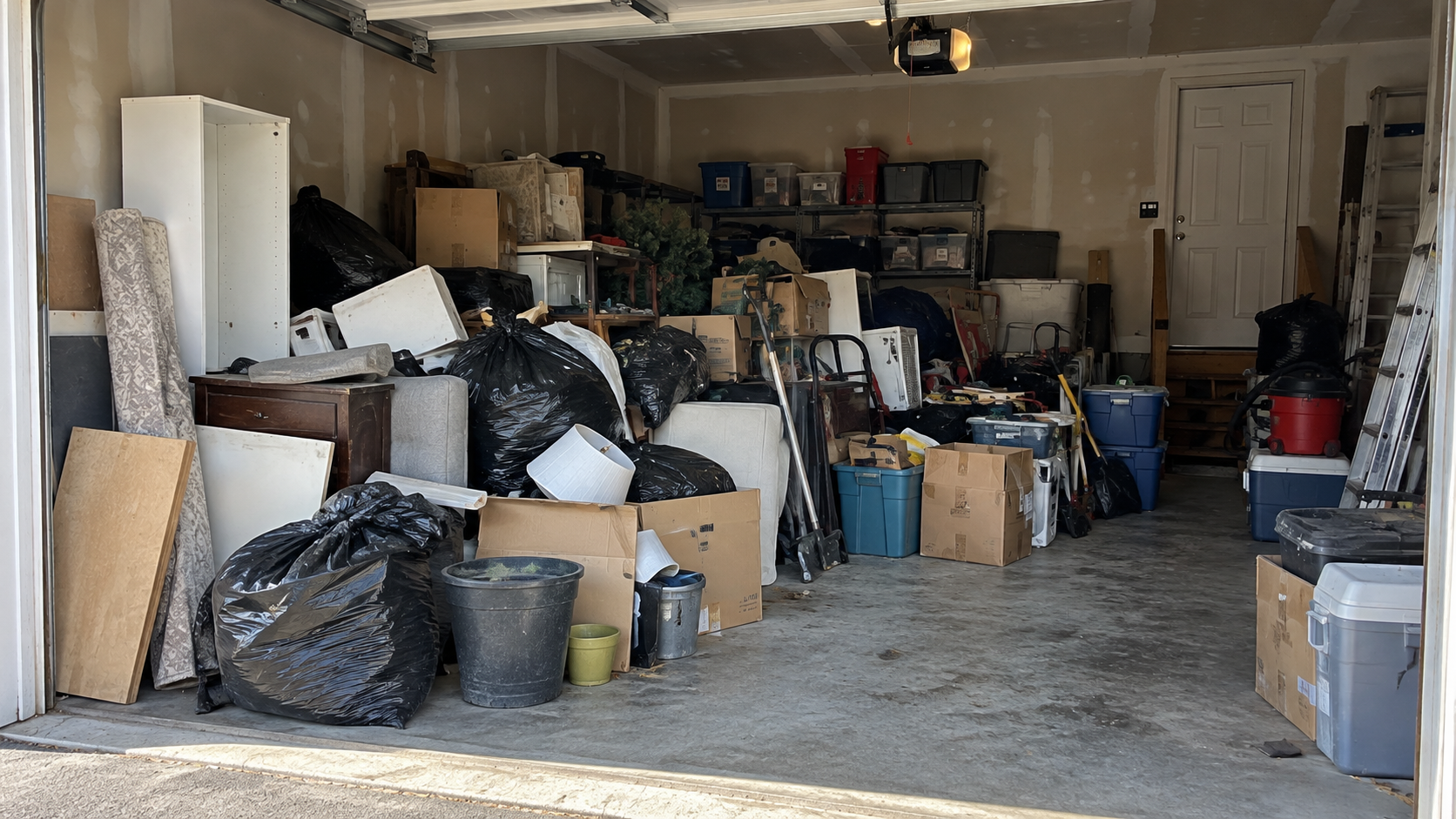 Garage filled with furniture, boxes and bags awaiting removal