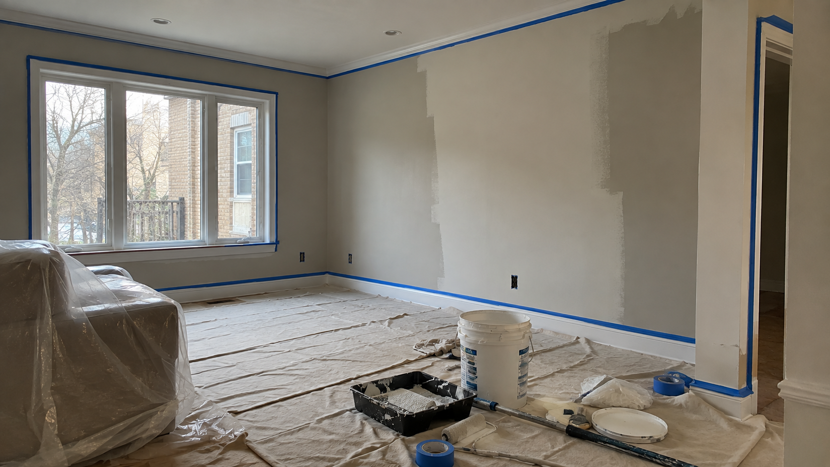 Interior room prepared for painting with drop cloths, blue tape, roller and paint