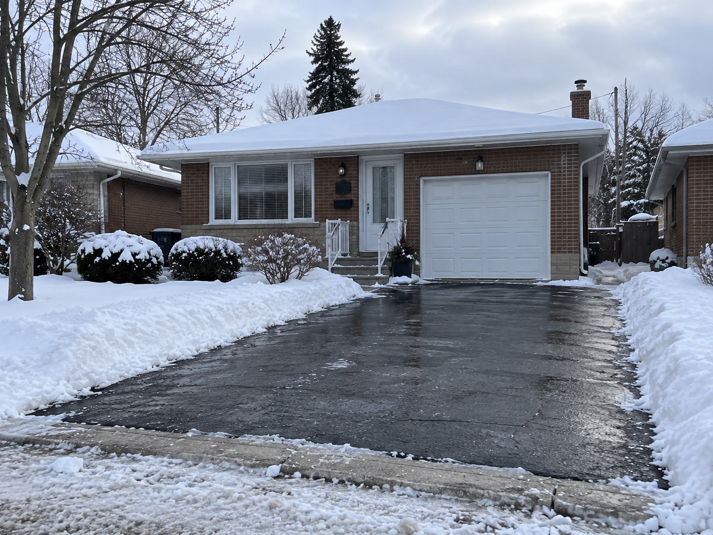 Brick bungalow with a snow-covered roof and a cleared, wet asphalt driveway lined by tall plowed snowbanks