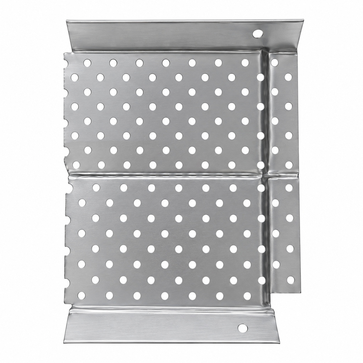 Perforated metal vent panel with a central stamped ridge and mounting flanges