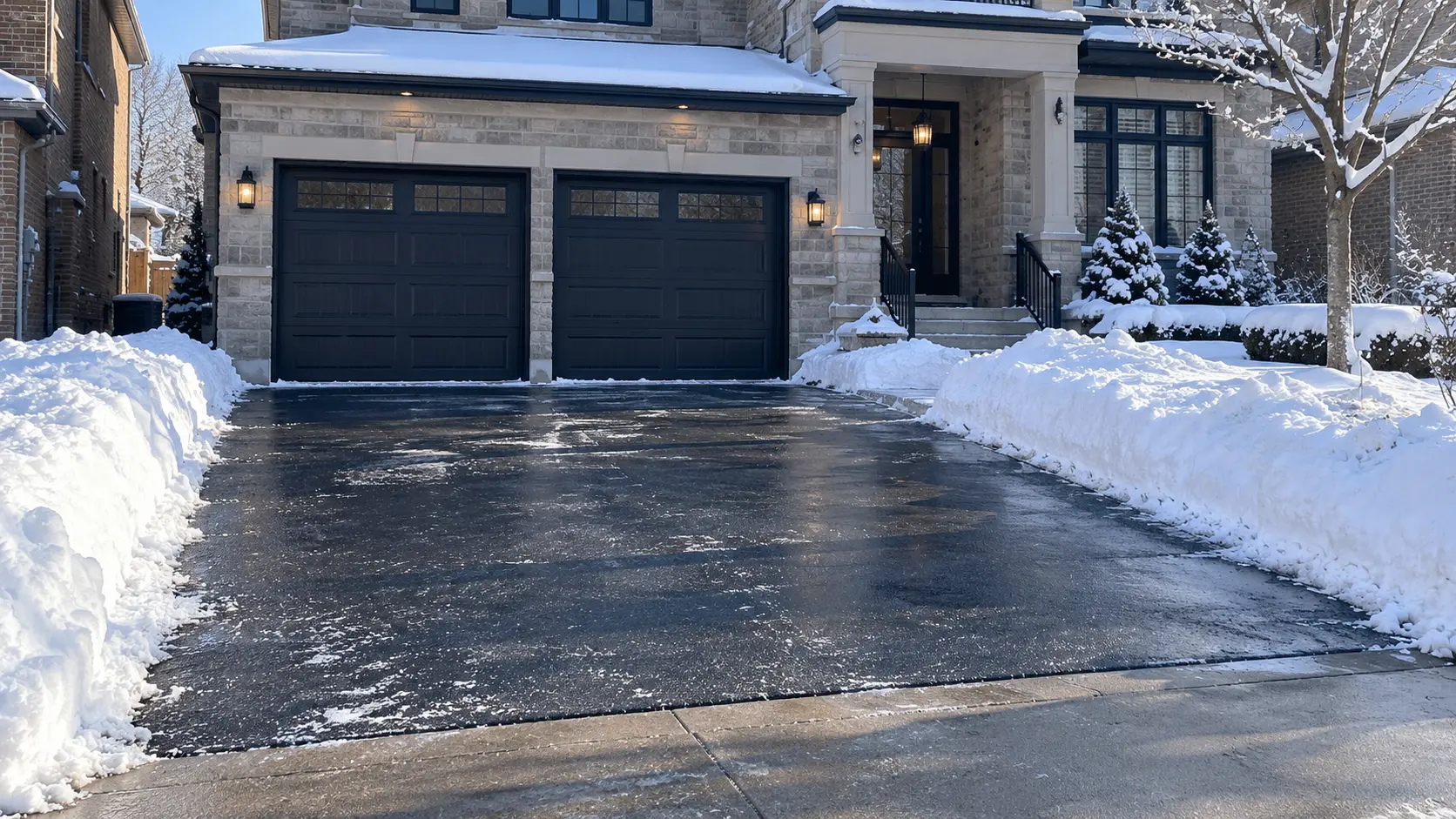 Snow-cleared residential driveway with snow piled along the sides