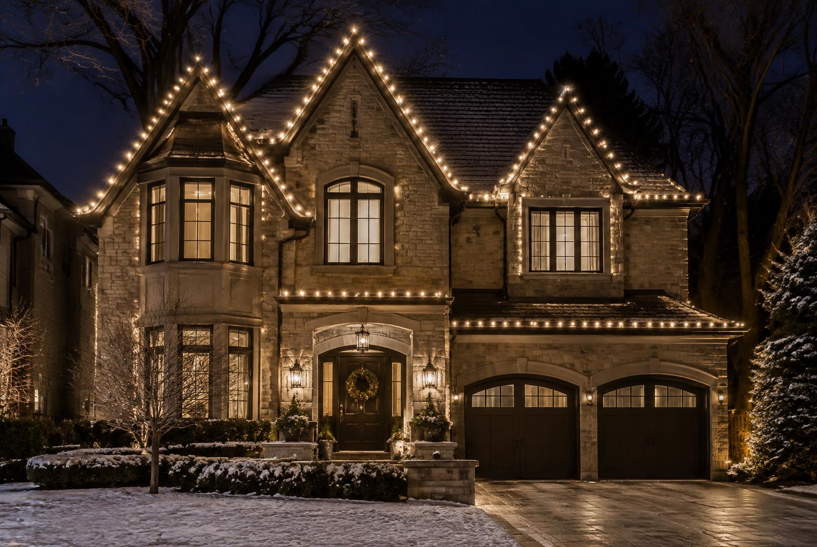 Home at night with warm-white holiday lights along the roofline