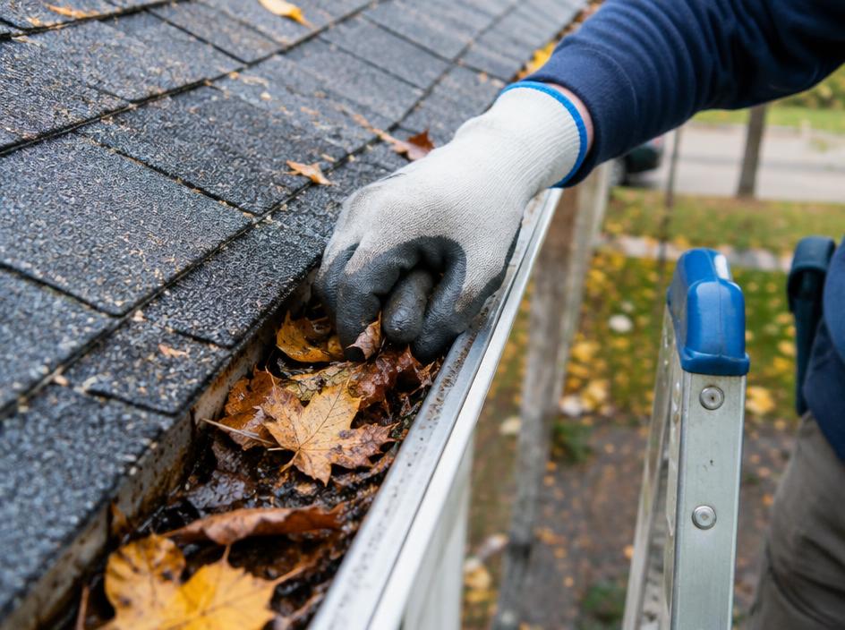 Technician cleaning leaves and debris from a residential gutter